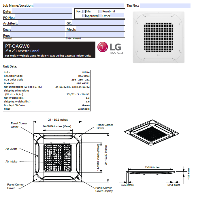 LG LG PT-QAGW0 Multi F Four-Way Ceiling Cassette Grille
