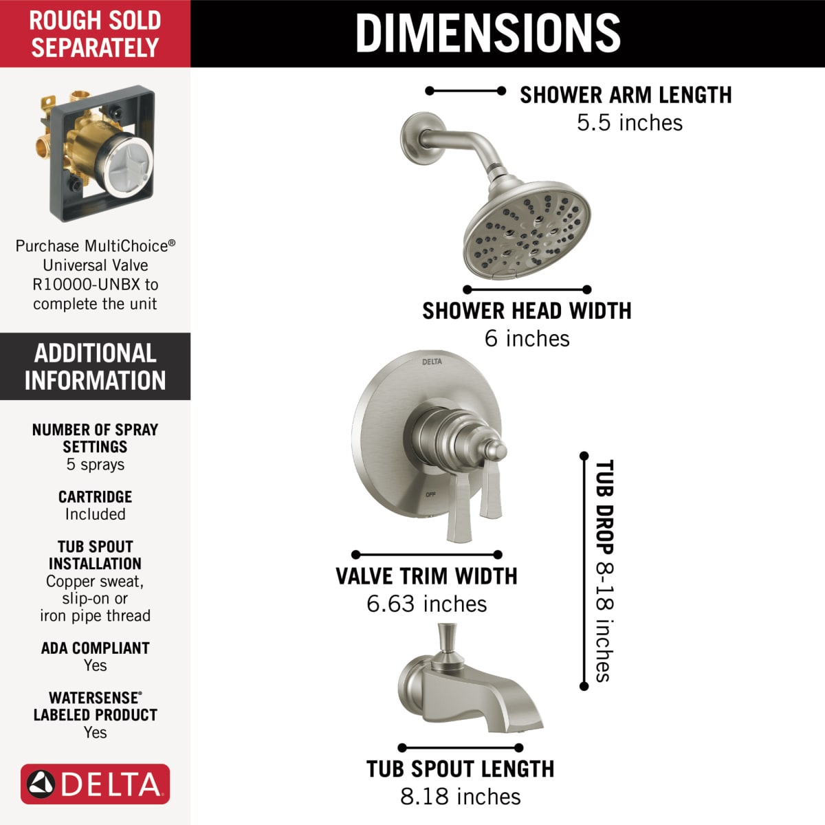 DELTA FAUCET Delta T17T456-SS Dorval TempAssure 17T Series Tub & Shower Trim