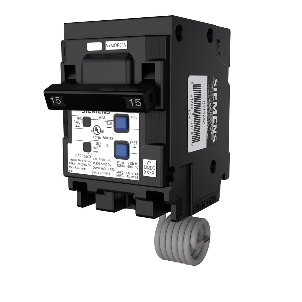 SIEMENS Siemens Q215AFC 2-Pole 15A 120/240V AC Combination Arc Fault Circuit Interrupter (AFCI) Breaker, Plug-On, 10kA
