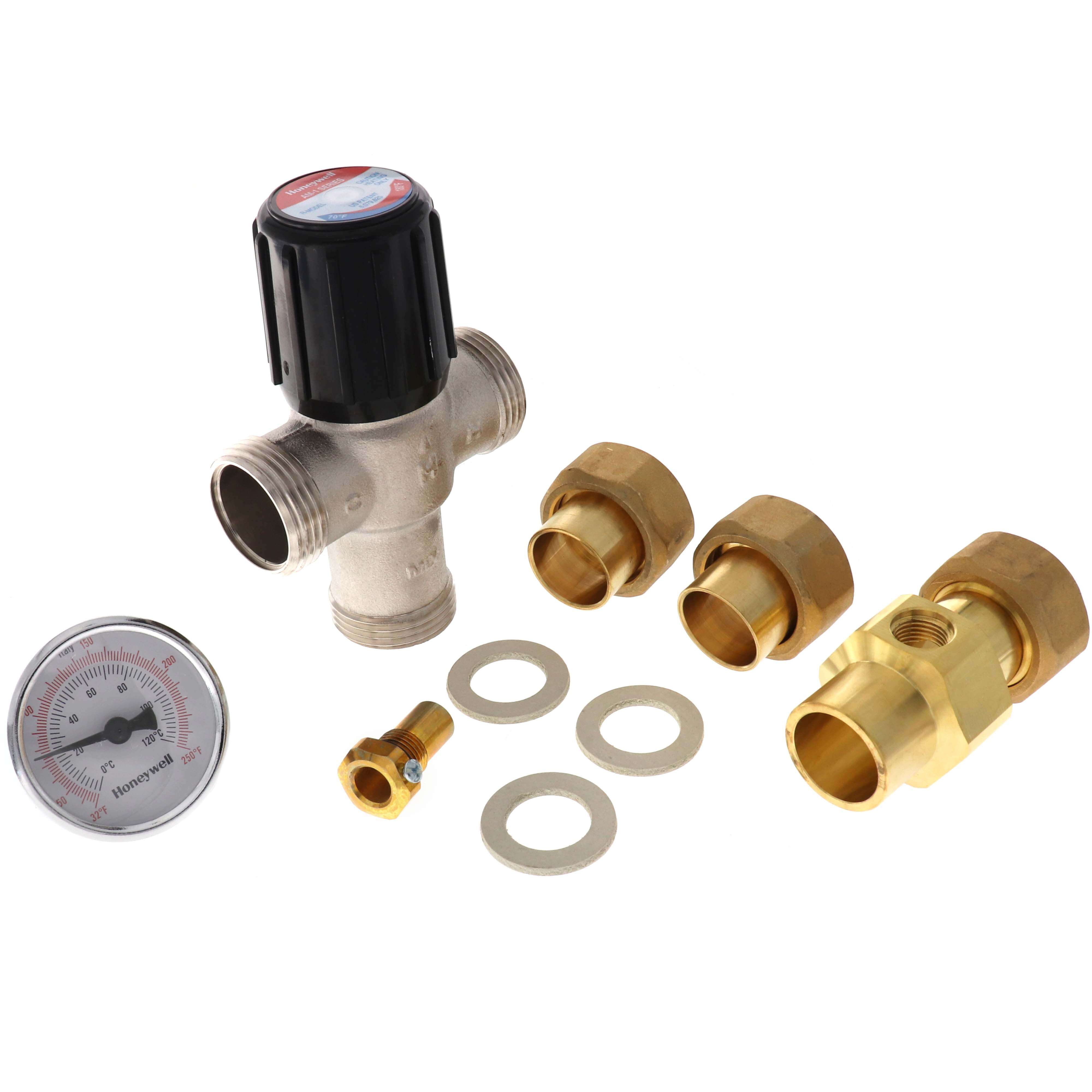 HONEYWELL Resideo Braukmann AM101R-USTG-1 3/4 Sweat Union Mixing Valve w/ Temperature Gauge Heating Only