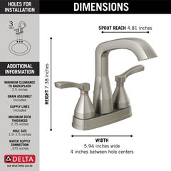 DELTA FAUCET Delta 25776-SSMPU-DST Stryke Two Handle Centerset Bathroom Faucet with Pop-Up Drain