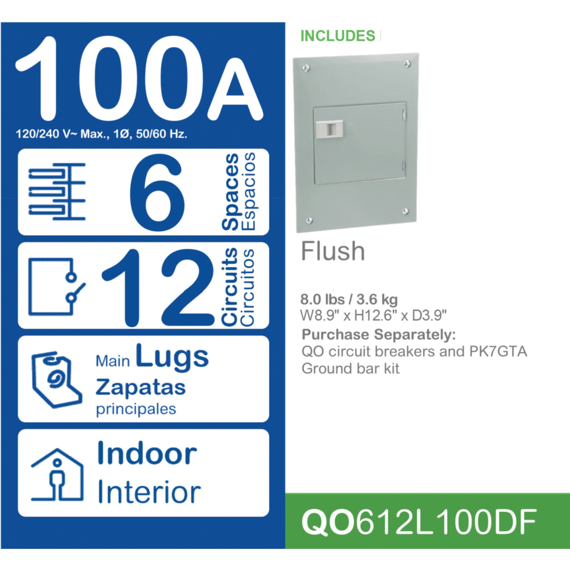 SCHNEIDER ELECTRIC Square D QO612L100DF 120/240 VAC 100 Amp 1-Phase 3-Wire 12-Circuit NEMA 1 Fixed Main Lug Load Center