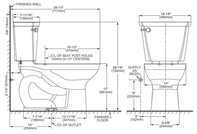 AMERICAN STANDARD American Standard 215CB104.020 Cadet 1.28 GPF Elongated Toilet 10 Rough-In