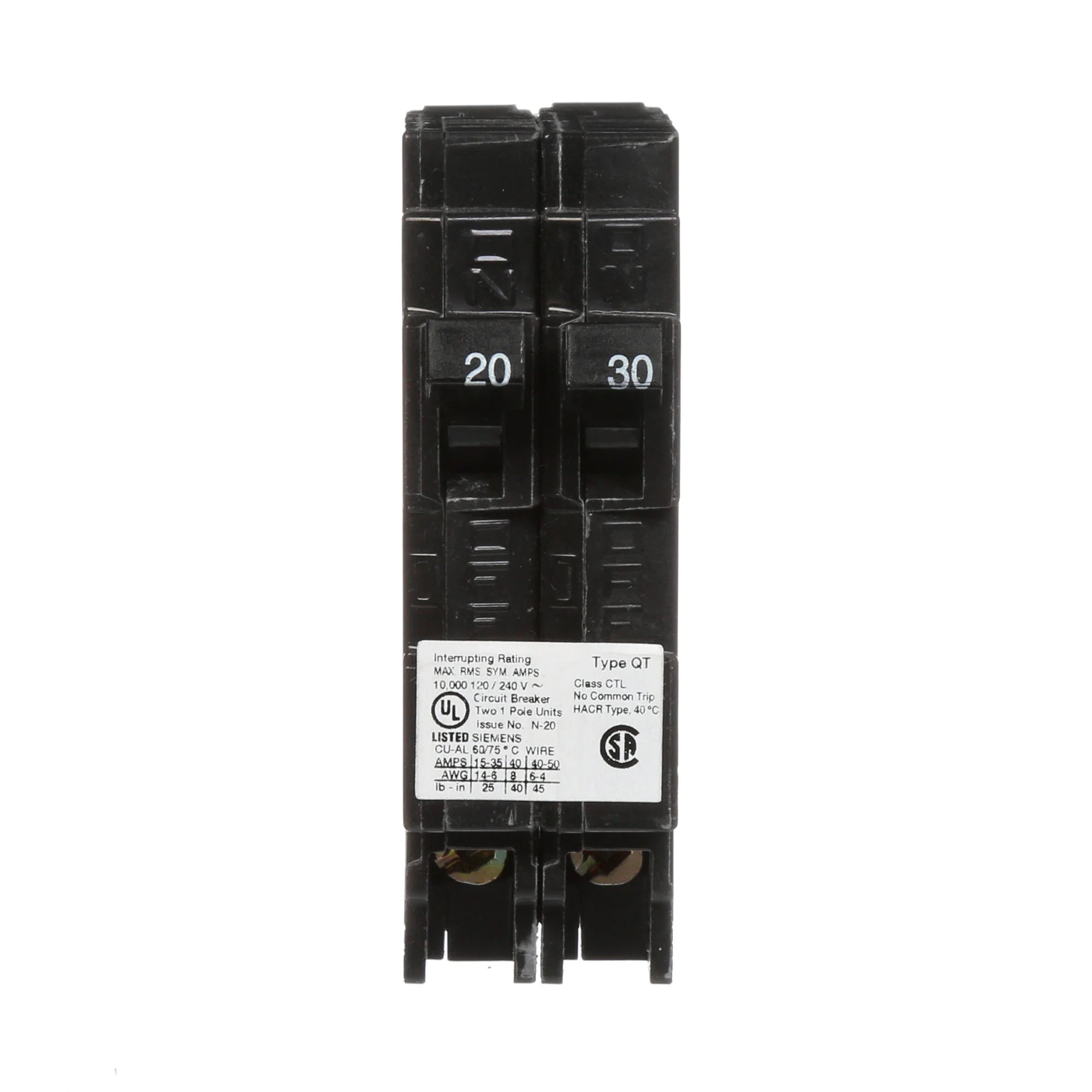 SIEMENS Siemens Q2030 1-Pole 20A-30A 120V AC Duplex Circuit Breaker, Plug-In, 10kA