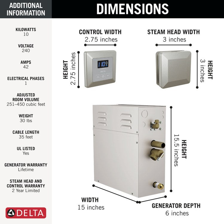 DELTA FAUCET Delta 5P-EST10-SS-PR Steam Kit Simplesteam 10KW