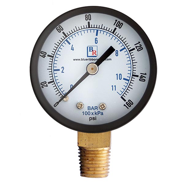 MUSTEE Blue Ribbon BR101D-204C 30 lb Steel Utility Air Pressure Gauge, Bottom Connect, 2 in Dial