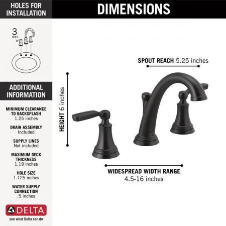 DELTA FAUCET Delta 3532LF-BLMPU Woodhurst Widespread Matte Black Bathroom Faucet with Metal Drain Assembly