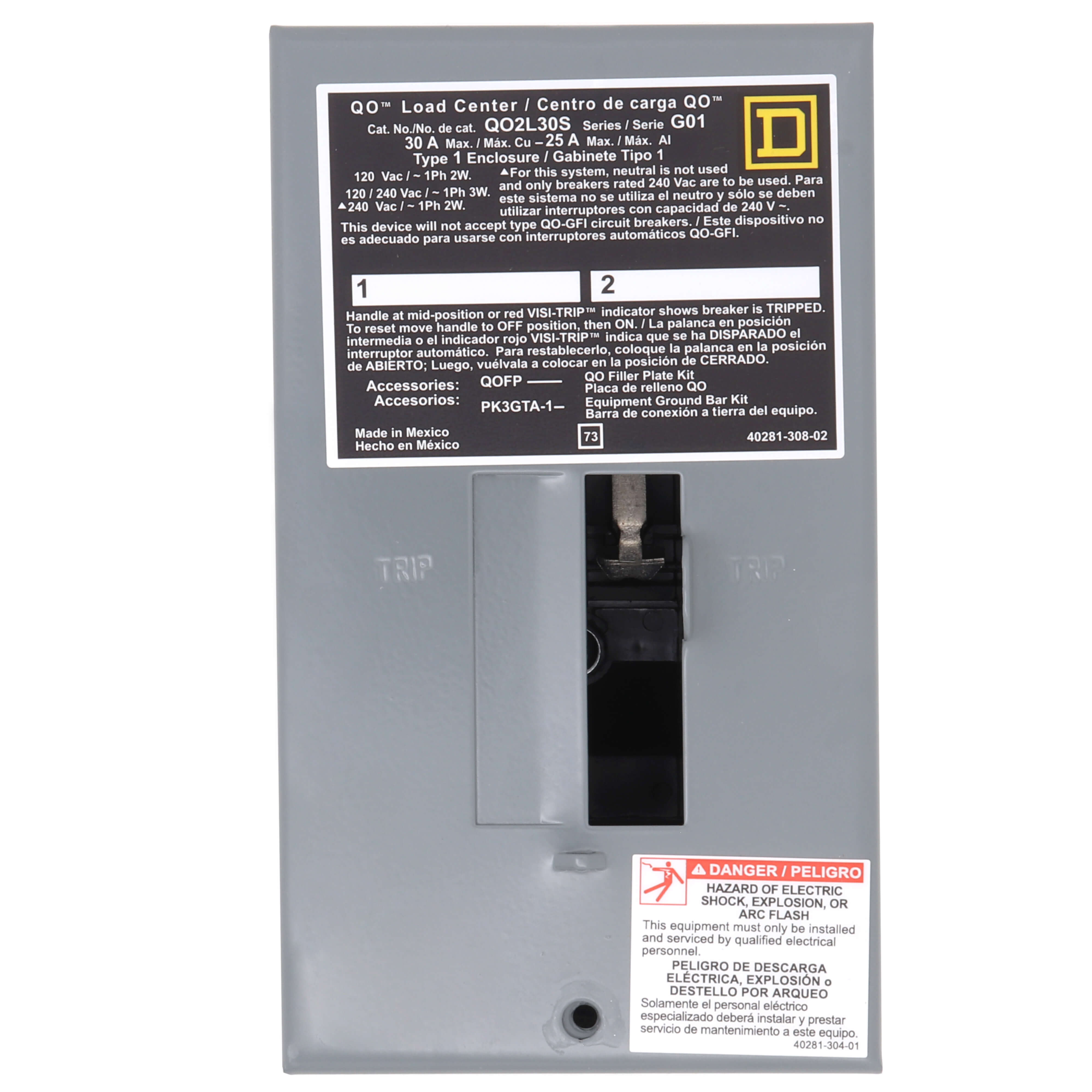 SCHNEIDER ELECTRIC Square D QO2L30S Load Center MLO 30A 120/240V 1PH 2SP NEMA-1