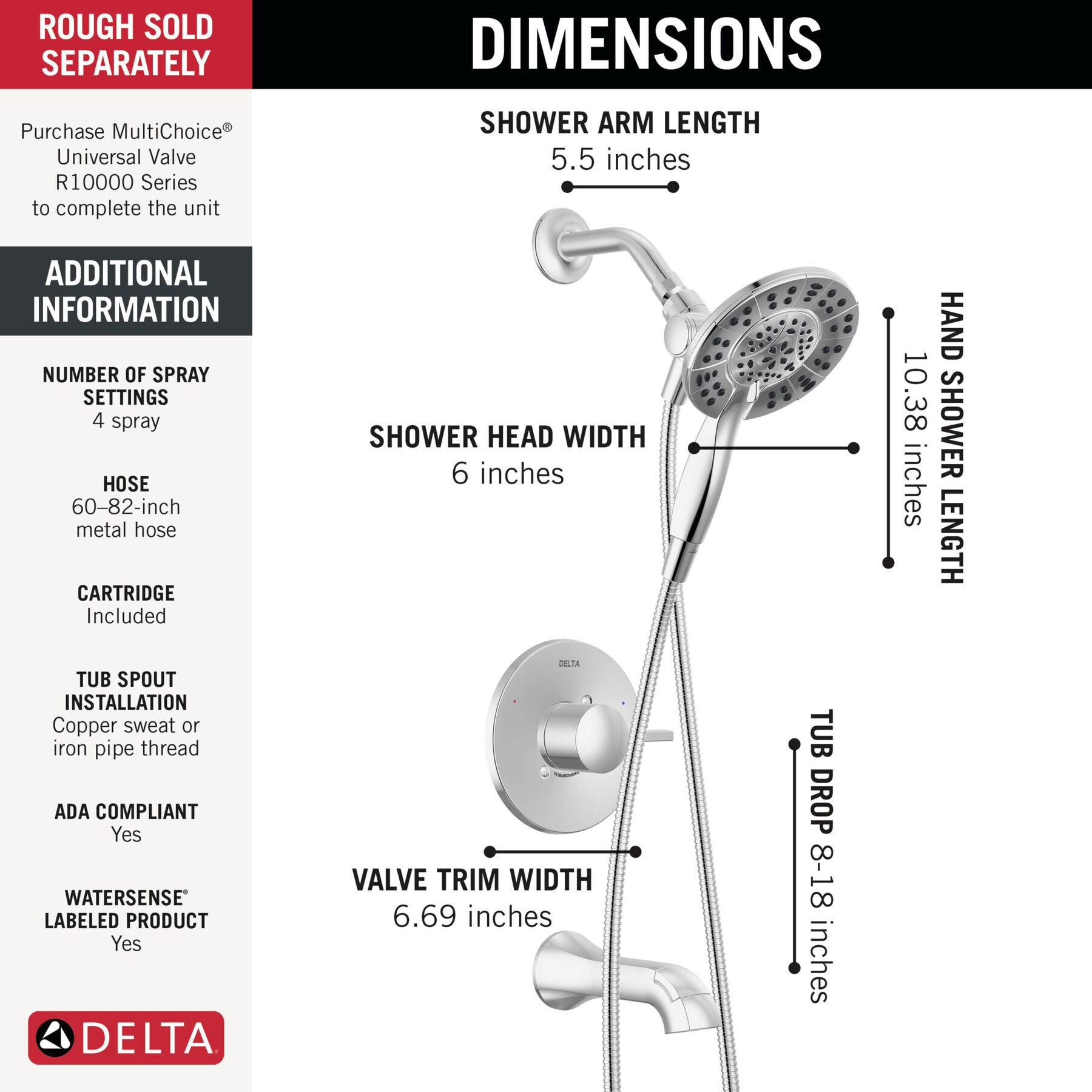 DELTA FAUCET Delta T144855-I Monitor 14 Series Tub and Shower Trim Only with In2ition Hand Shower