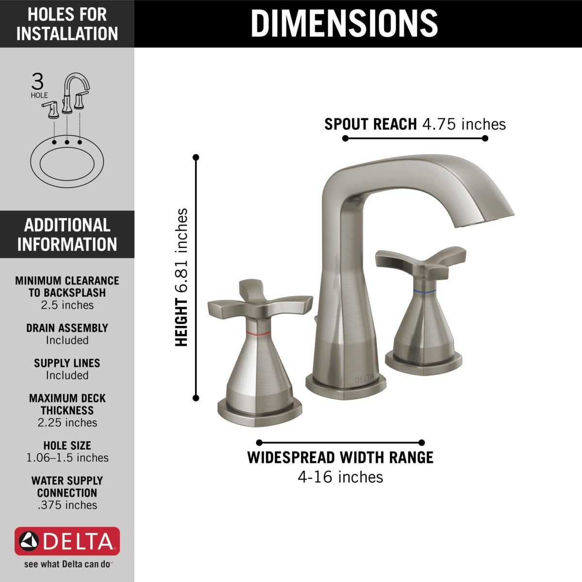 DELTA FAUCET Delta 357766-SSMPU-DST Lavatory Faucet Stryke Widespread 8-16 Inch Spread 2 Helo Spoke ADA WaterSense