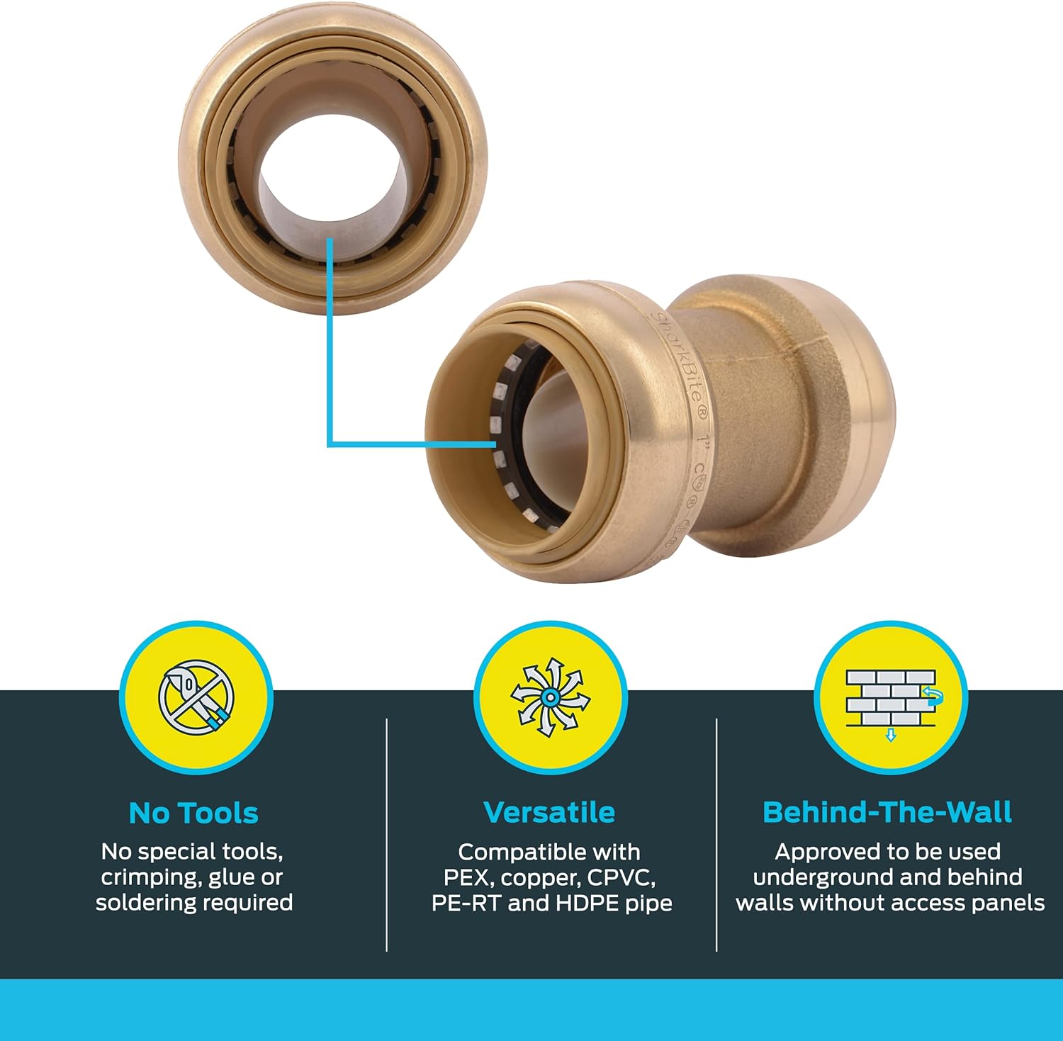 JOHN GUEST SharkBite U020LF 1 Inch Coupling Push to Connect Brass Plumbing Fitting