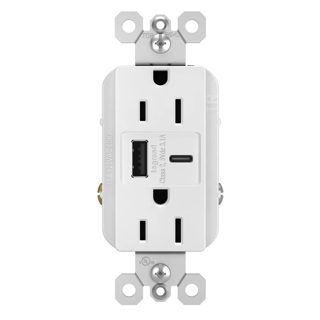 LEGRAND Pass & Seymour R26USBACW Hybrid Type A/C USB Chargers With Duplex 15A Tamper-Resistant