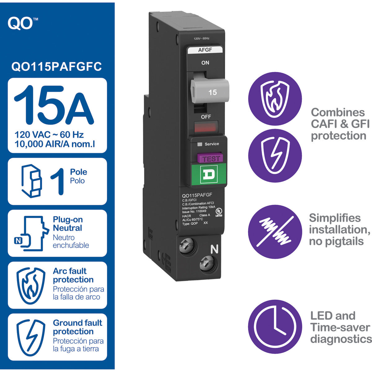 SCHNEIDER ELECTRIC Square D QO115PAFGF Mini Circuit Breaker 15A 1 Pole 120V