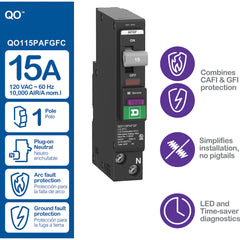 SCHNEIDER ELECTRIC Square D QO115PAFGF Mini Circuit Breaker 15A 1 Pole 120V