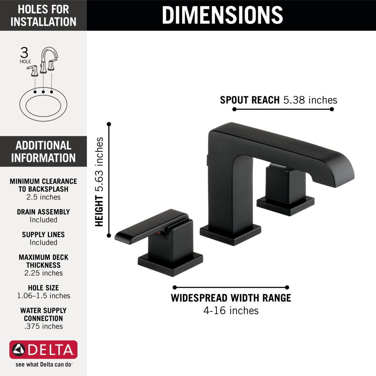 DELTA FAUCET Delta 3567-BLMPU-DST Ara: Two Handle Widespread Bathroom Faucet in Matte Black