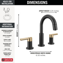 DELTA FAUCET Delta Faucet 35749LF-GZPD Nicoli Two Handle Widespread Pull-Down Bathroom Faucet in Matte Black / Champagne Bronze