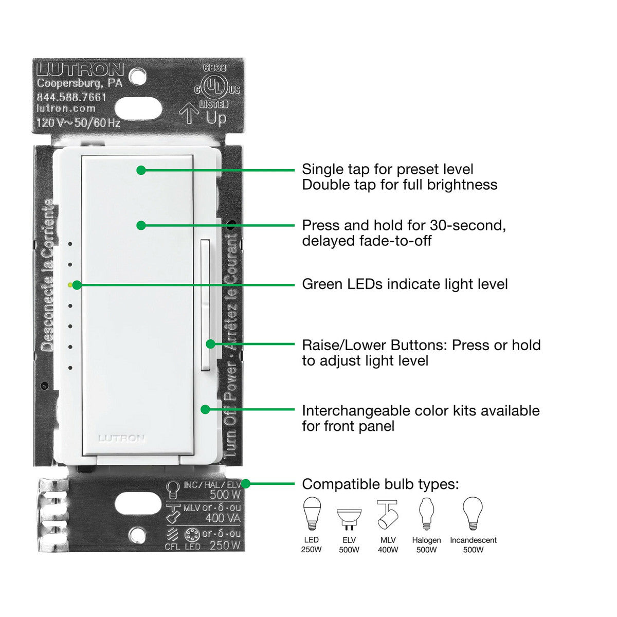 LUTRON Lutron MA-PRO-LA Maestro Single Pole, 3-Way, Multi-Location CFL/ELV/LED/MLV Dimmer, 500 Watts, Almond