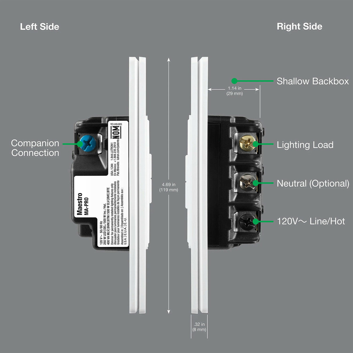 LUTRON Lutron MA-PRO-LA Maestro Single Pole, 3-Way, Multi-Location CFL/ELV/LED/MLV Dimmer, 500 Watts, Almond