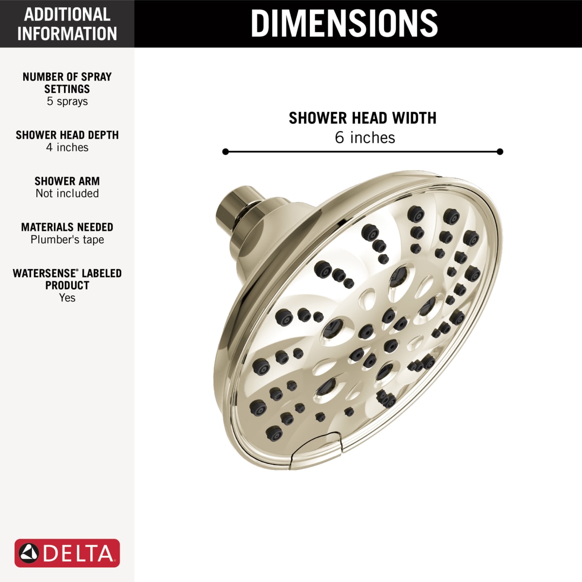 DELTA FAUCET Delta 52669-PN-PR Universal Showering Components: H2Okinetic 5-Setting Traditional Raincan Shower Head