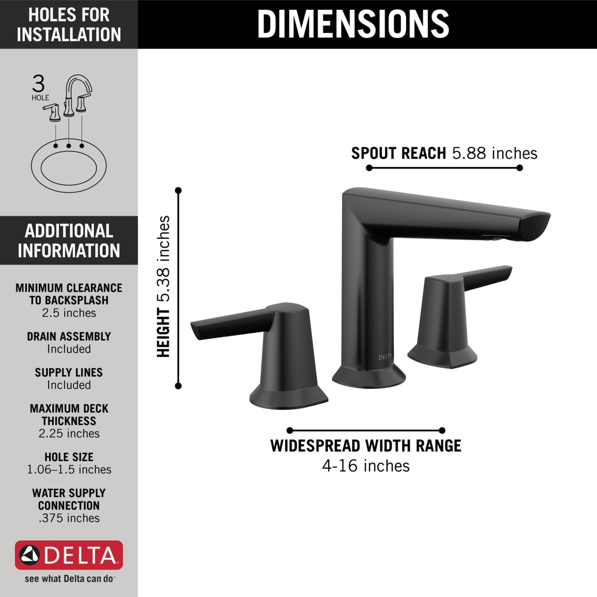 DELTA FAUCET Delta 3571-BLMPU-DST Galeon Matte Black Widespread Bathroom Faucet