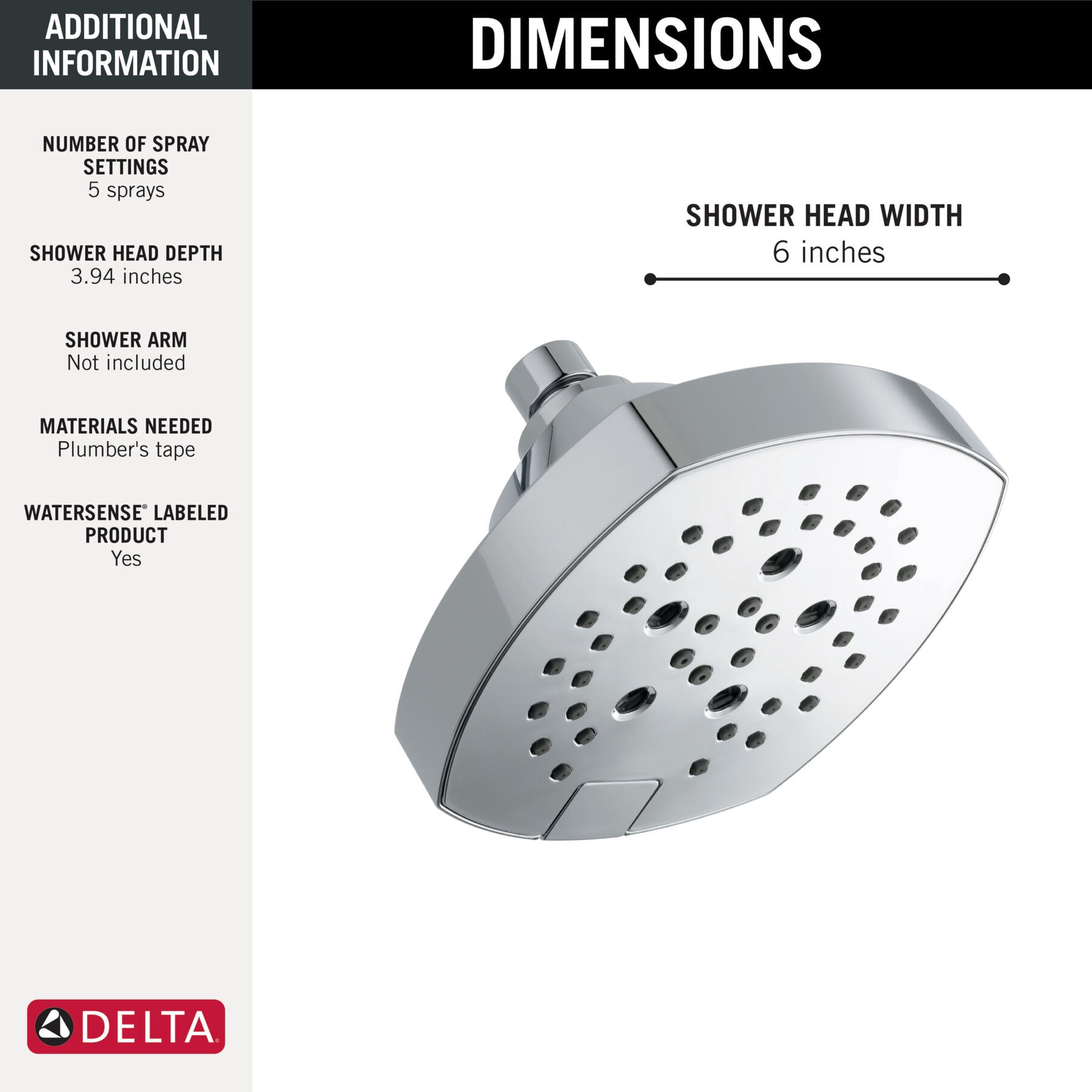 DELTA FAUCET Delta 52663-PR H2Okinetic 5-Setting Shower Head 1.75 GPM