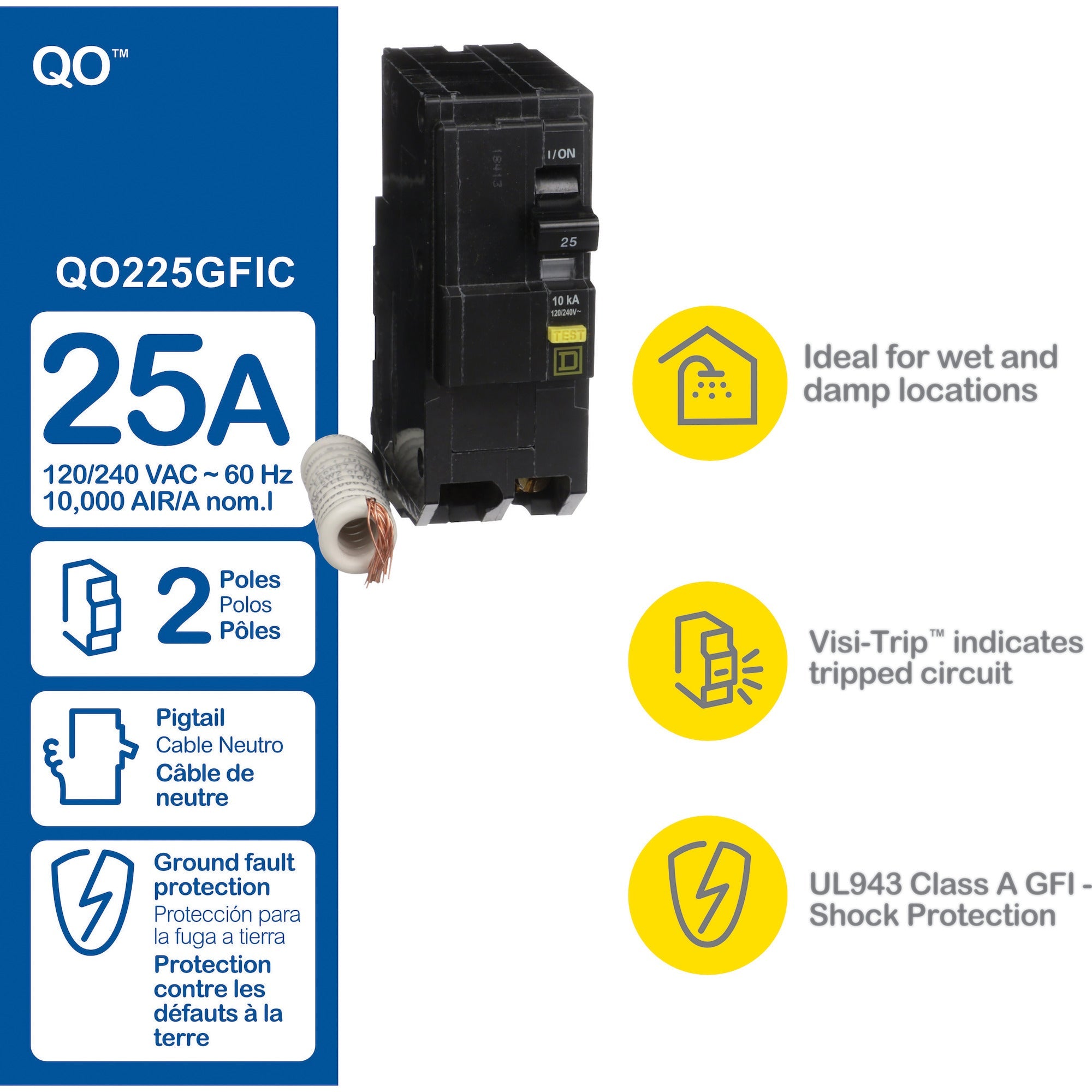 SCHNEIDER ELECTRIC Square D QO225GFI 120/240 Volt 25 Amp Miniature Circuit Breaker