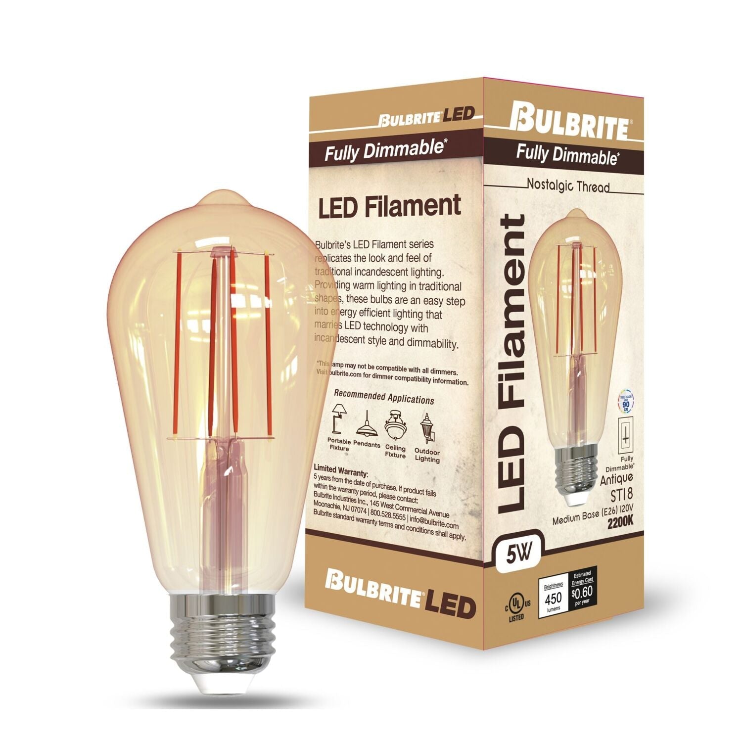 BULBRITE Bulbrite LED5ST18/22K/FIL-NOS/3 Filament Nostalgic Fully Compatible Dimming 5W ST18 776801