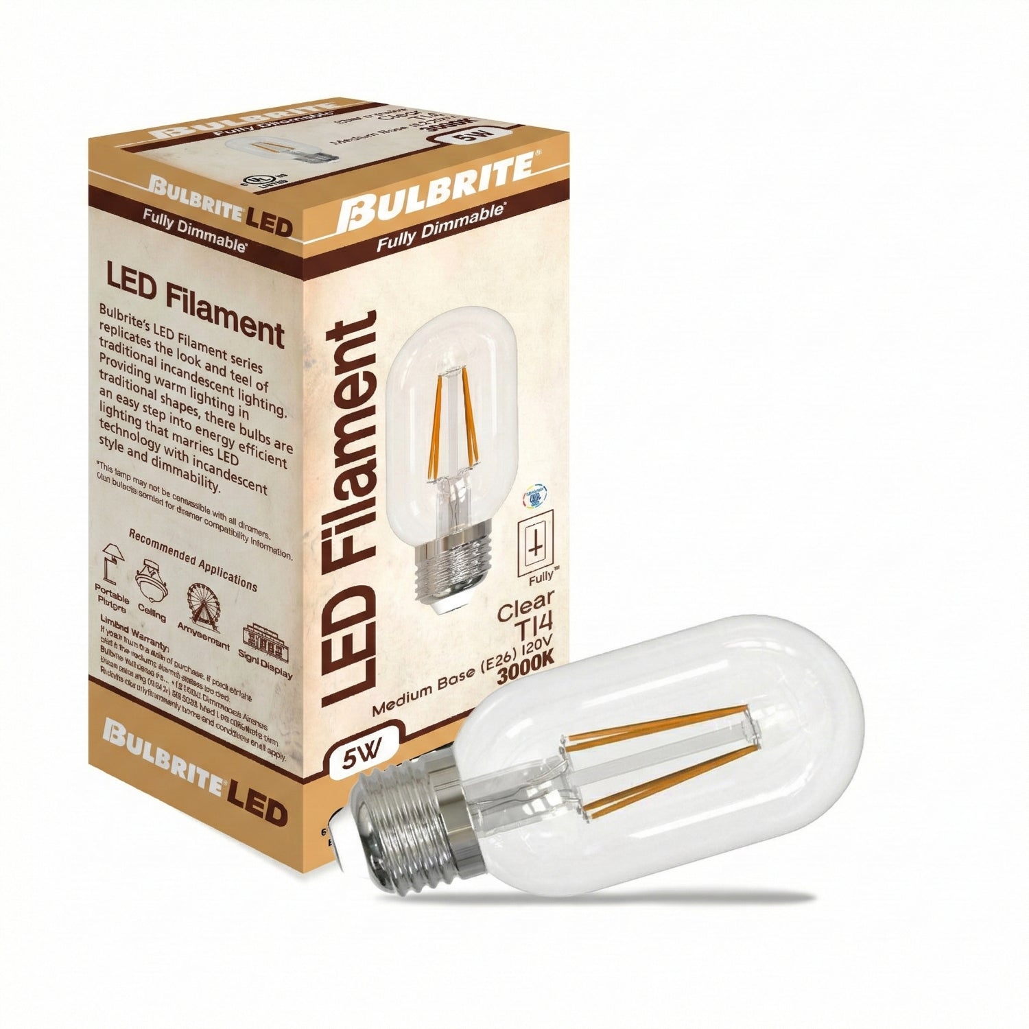 BULBRITE Bulbrite LED5T14/30K/FIL/3 LED T14 3000K Filament Fully Compatible Dimming 5W