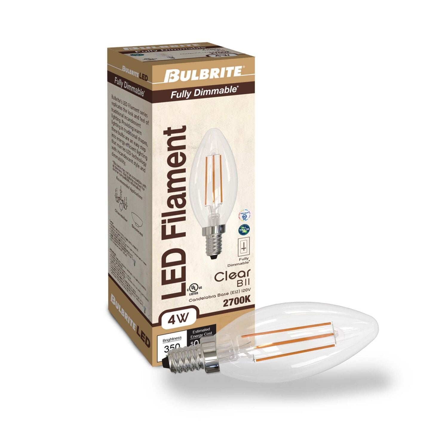 BULBRITE Bulbrite LED4B11/27K/FIL/4/JA8 led b11 filament e12 4w 2700k fully compatible dimming ja8
