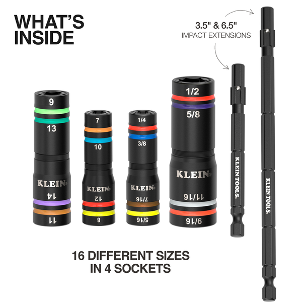 KLEIN TOOLS Klein Tools 654QS KNECT Quad-16 Heavy-Duty Impact Flip Sockets SAE and Metric 6-Piece