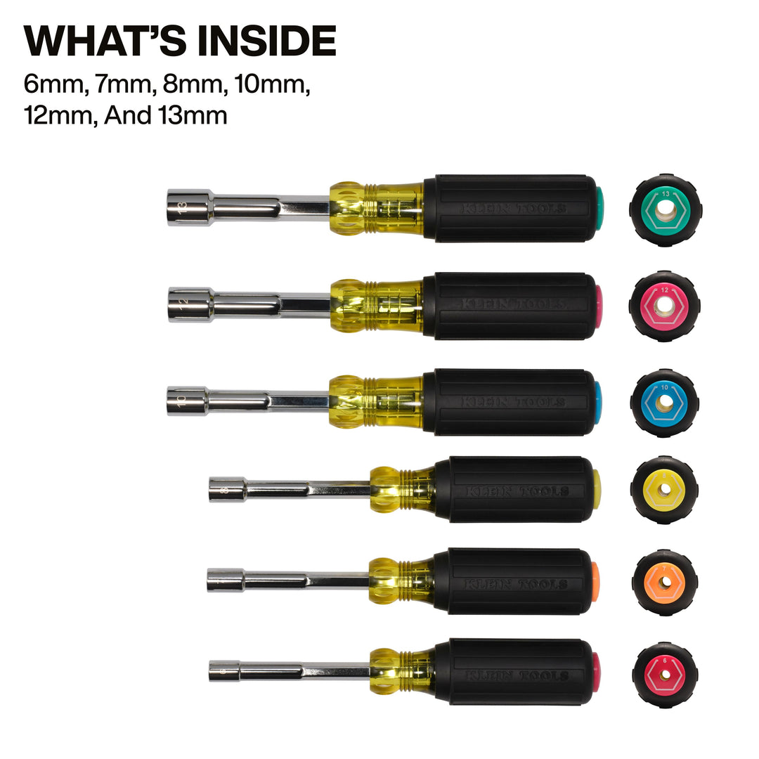KLEIN TOOLS Klein Tools 65456MAGM 6 Piece Magnetic Color-Coded Hollow-Shaft Heavy Duty Nut Driver Set (6-13 mm)