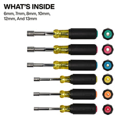 KLEIN TOOLS Klein Tools 65456MAGM 6 Piece Magnetic Color-Coded Hollow-Shaft Heavy Duty Nut Driver Set (6-13 mm)