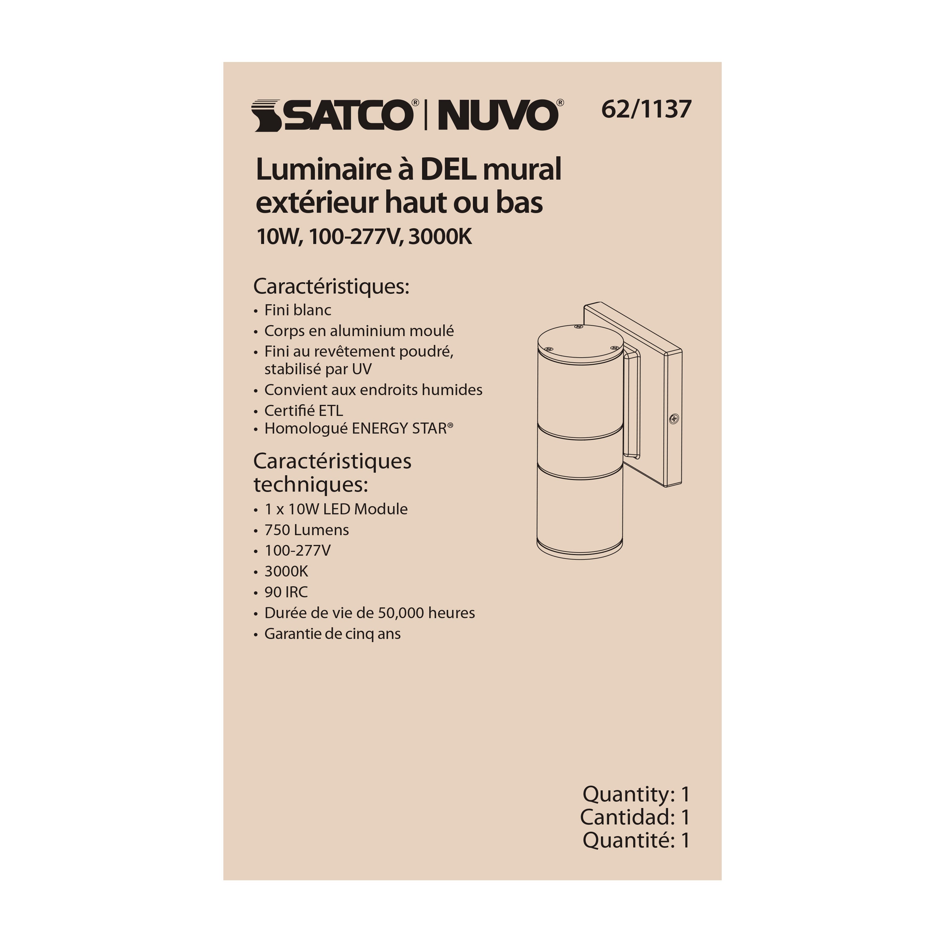 SATCO Satco 62-1137 1 lt LED small up or down sconce 10w 40 degree beam angle
