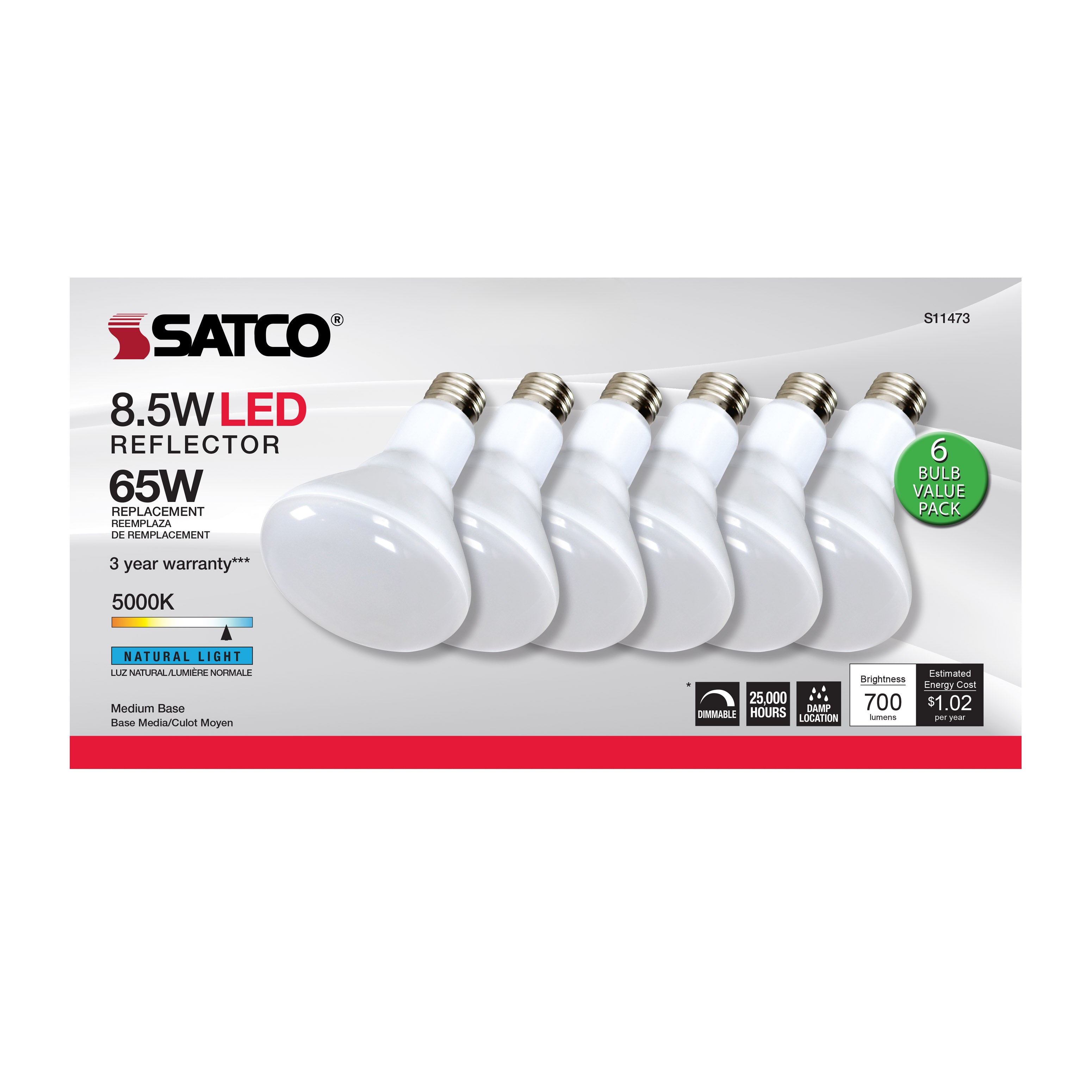 SATCO Satco S11473 BR30 LED 8.5W 6-pack 100 degree beam angle replacement S9058