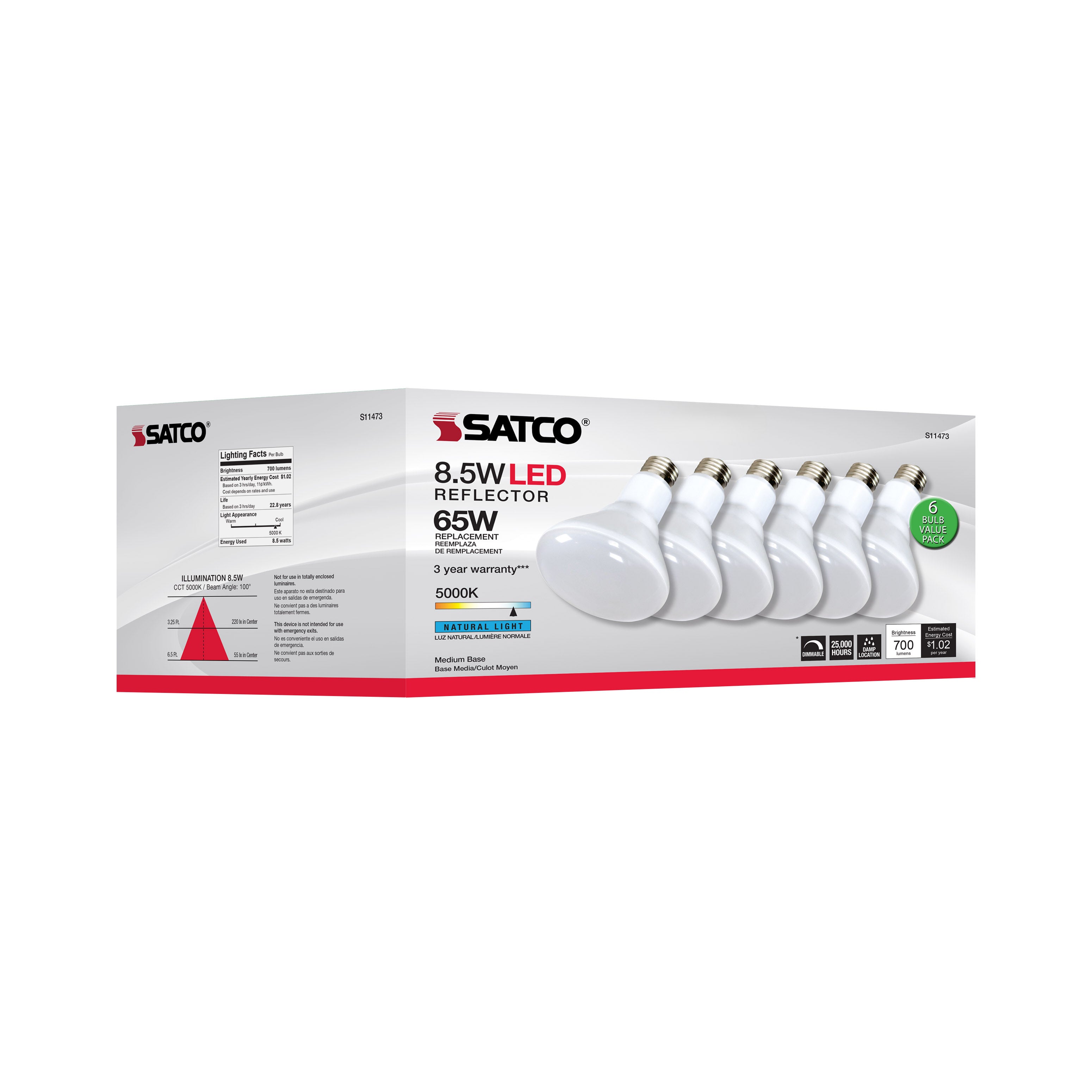 SATCO Satco S11473 BR30 LED 8.5W 6-pack 100 degree beam angle replacement S9058