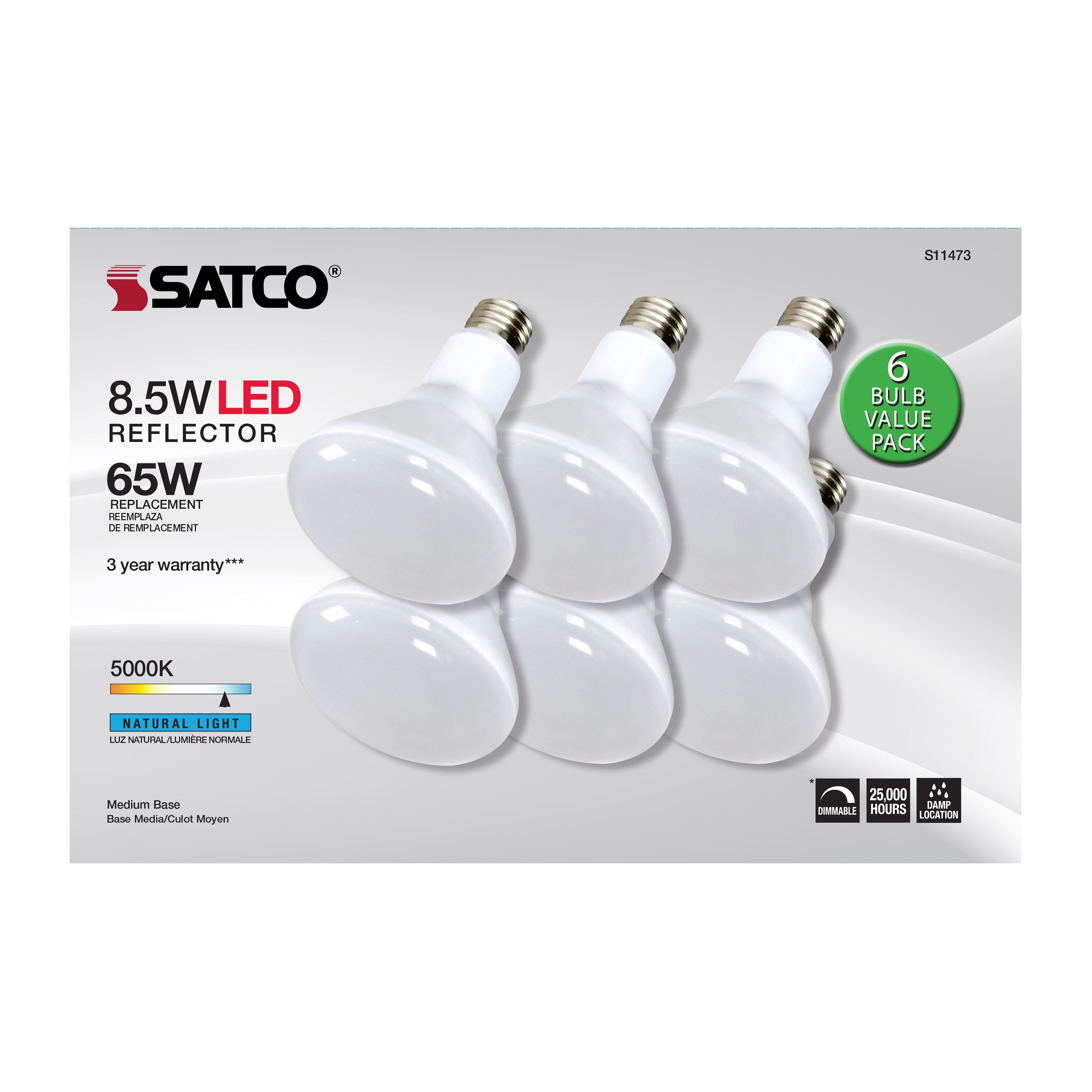 SATCO Satco S11473 BR30 LED 8.5W 6-pack 100 degree beam angle replacement S9058