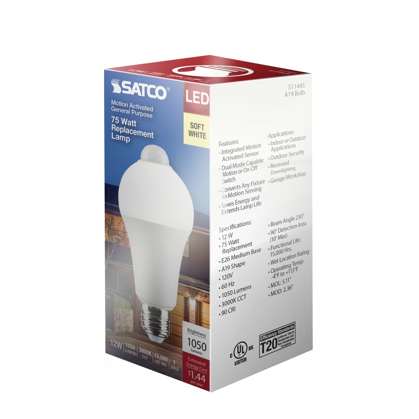 SATCO Satco S11445 A19 LED, PIR sensor, non-dimmable 12 watt