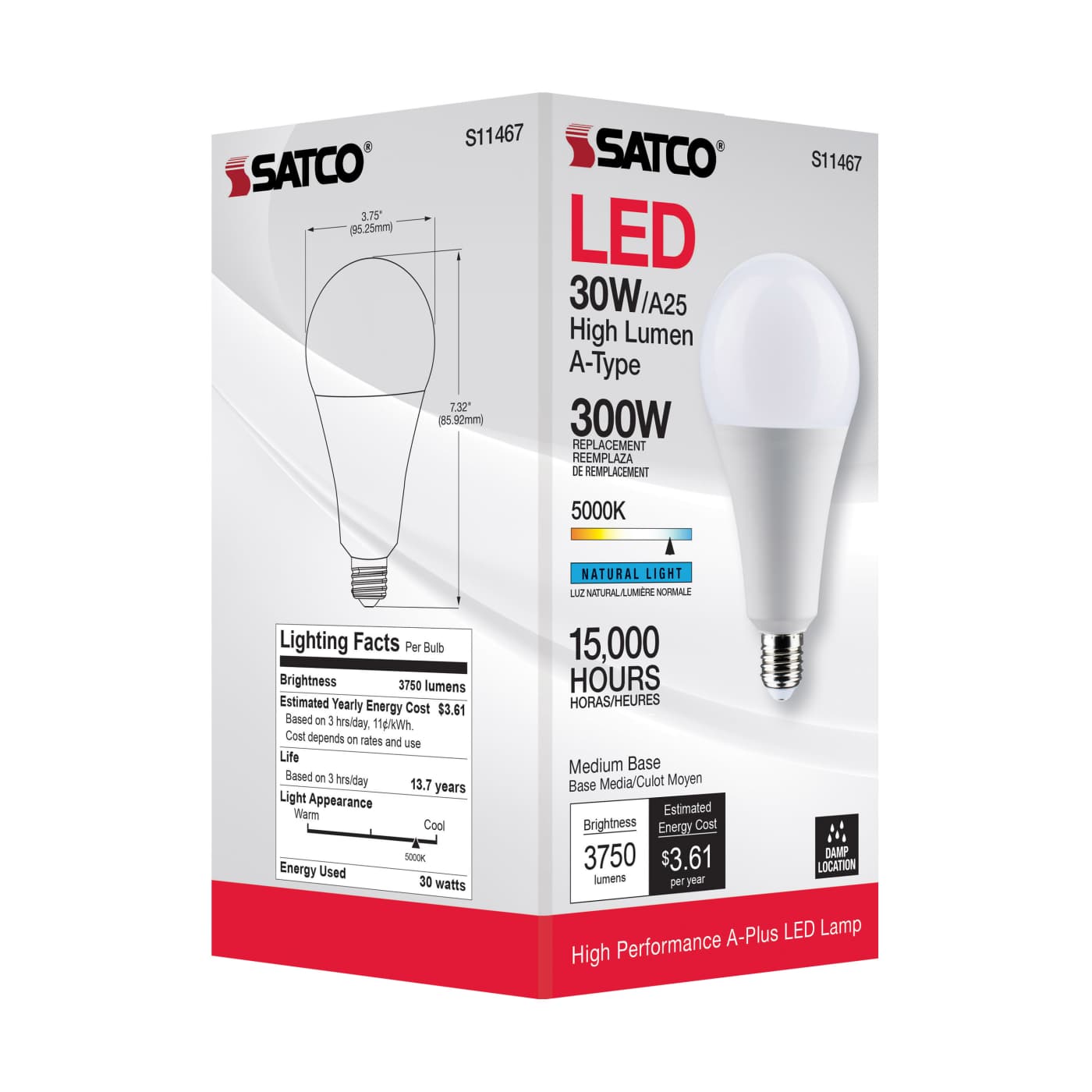 SATCO Satco S11467 30watt LED lamp, A25, 5000K, medium base, non dimmable, 120 volts 30A25/LED/850/120V/ND