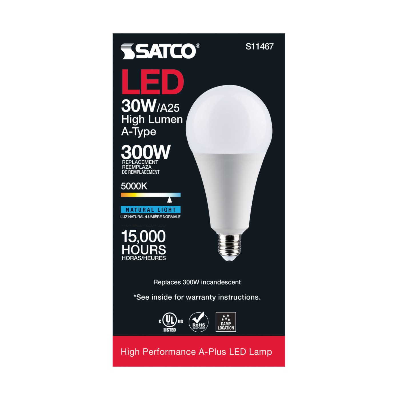 SATCO Satco S11467 30watt LED lamp, A25, 5000K, medium base, non dimmable, 120 volts 30A25/LED/850/120V/ND