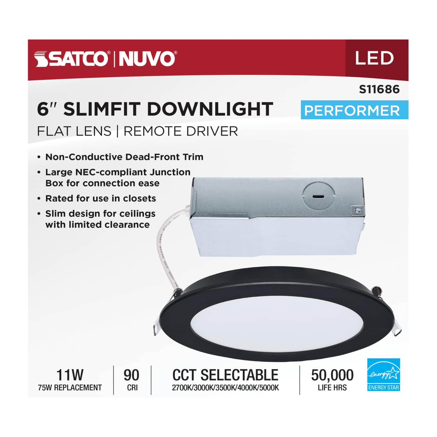 SATCO Satco S11686 11 watt LED direct wire performer series downlight 6 inch