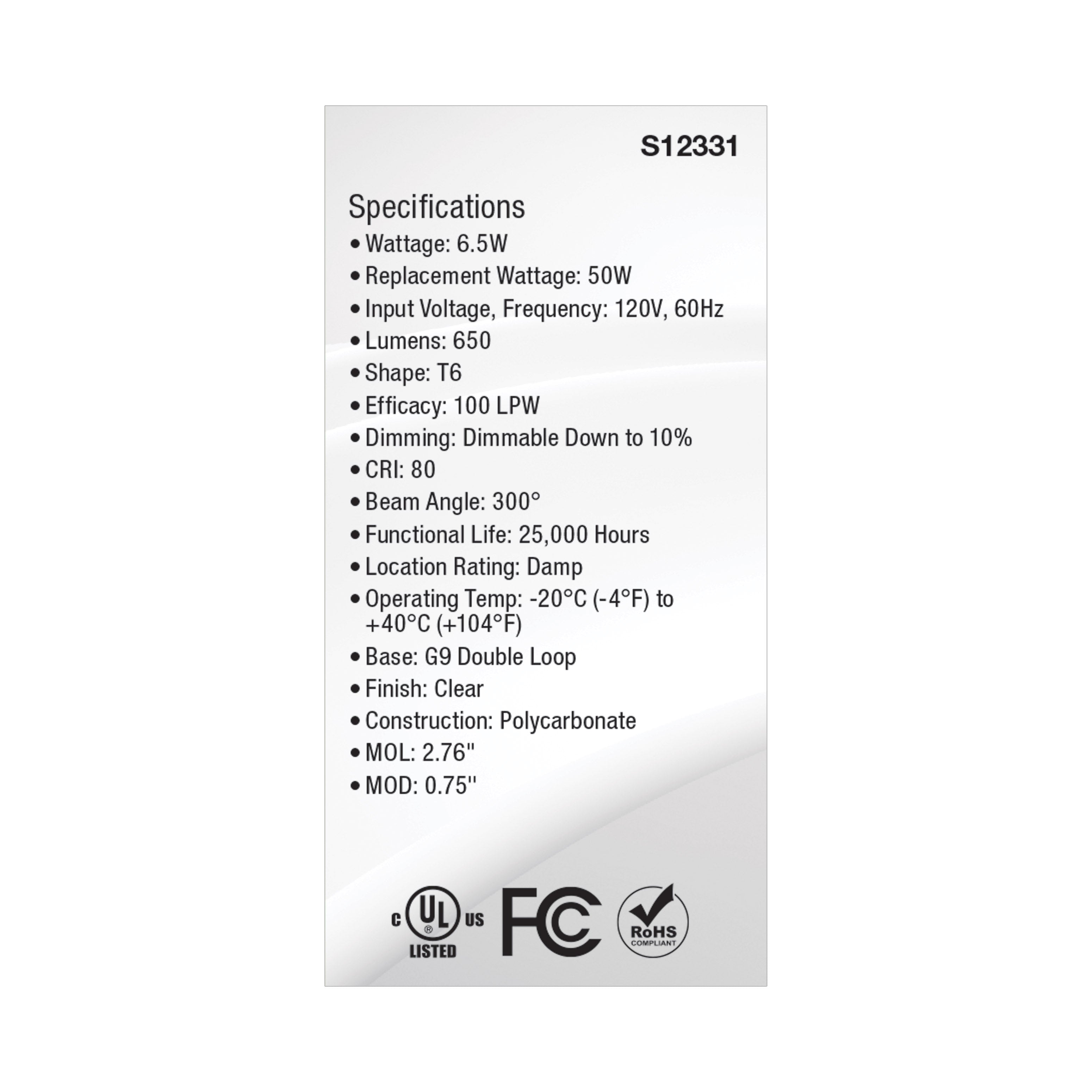 SATCO Satco s12331 t6 led g9 6.5 watt 300 degree