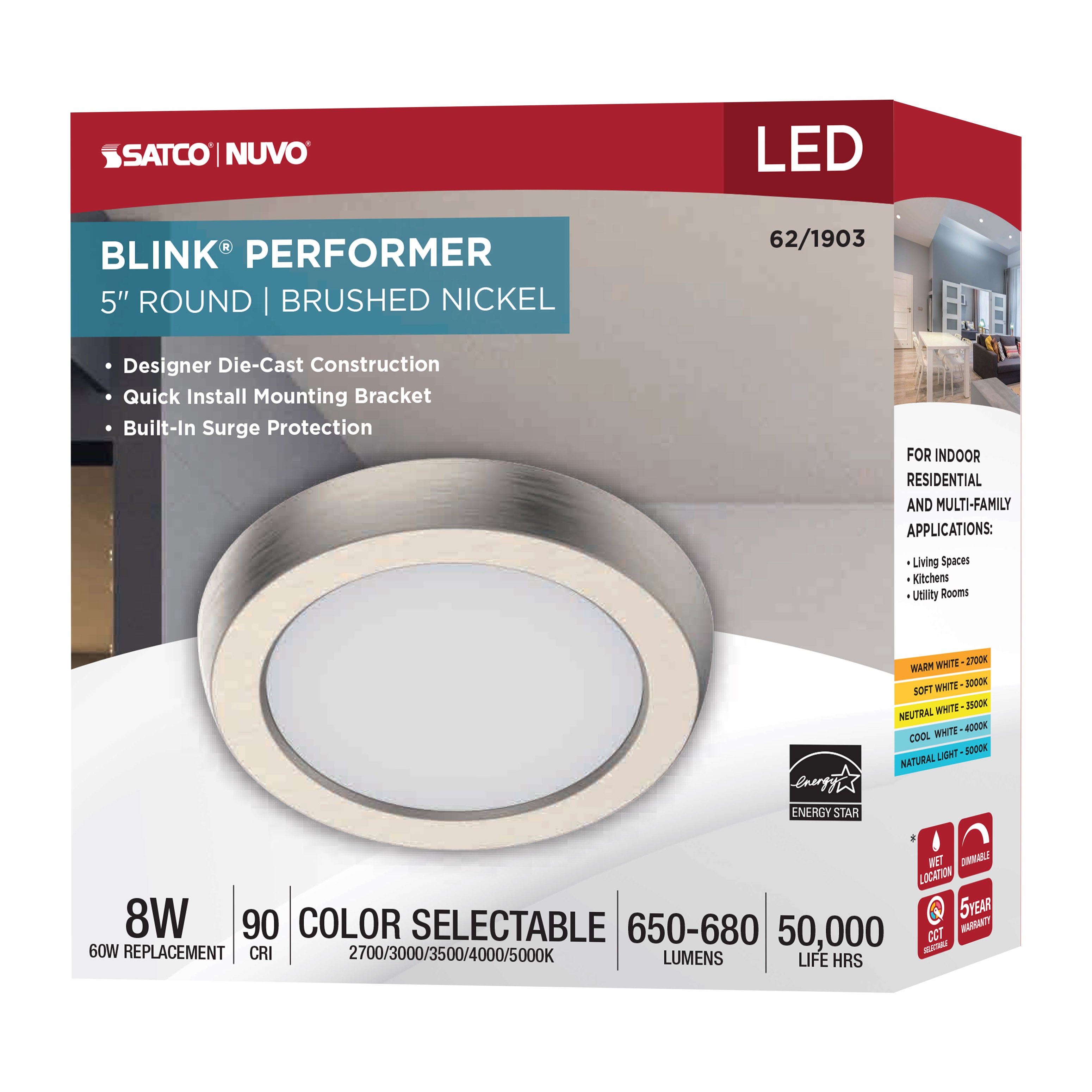 SATCO Satco 62-1903 Blink Performer LED Round Fixture 8W 5 Inch Round