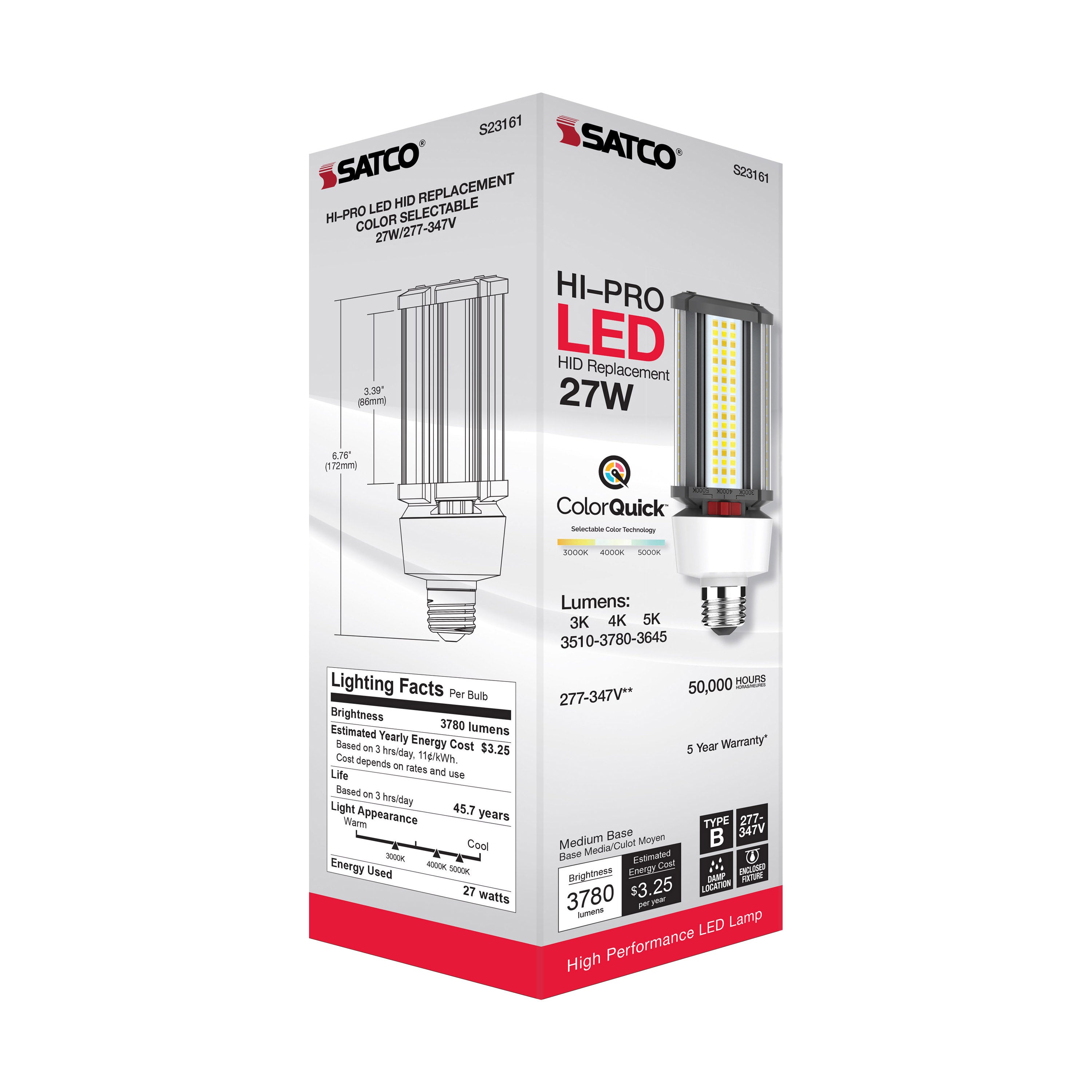 SATCO Satco S23161 LED HID Bulb, CCT Select, Type B, Ballast Bypass, E26 Base 27W 277-347V 6 Pack S28711 S8711