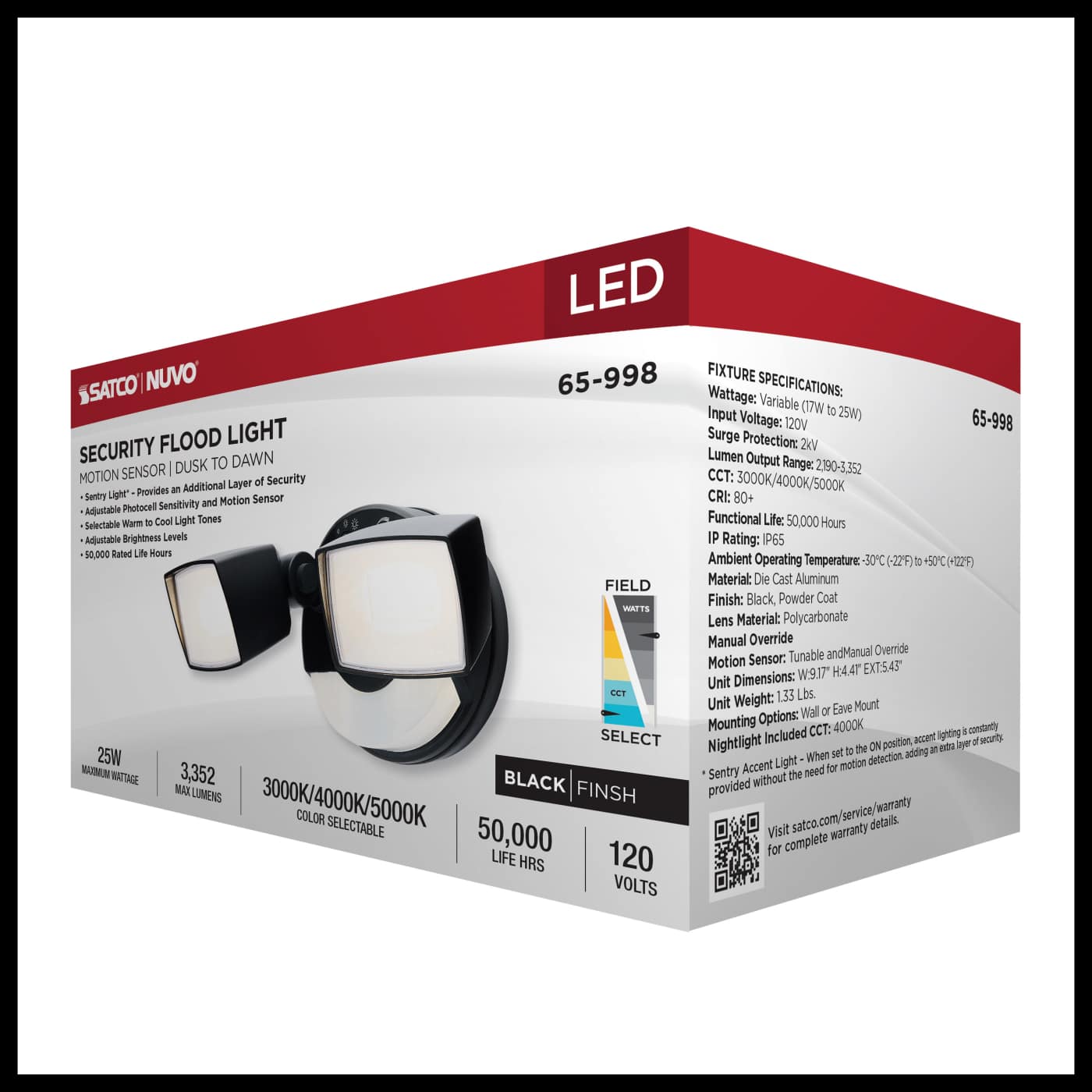 SATCO Satco 65-998 LED Security Light with Nightlight PIR Sensor Dual Head Field Selectable 17W/25W 103 Degree