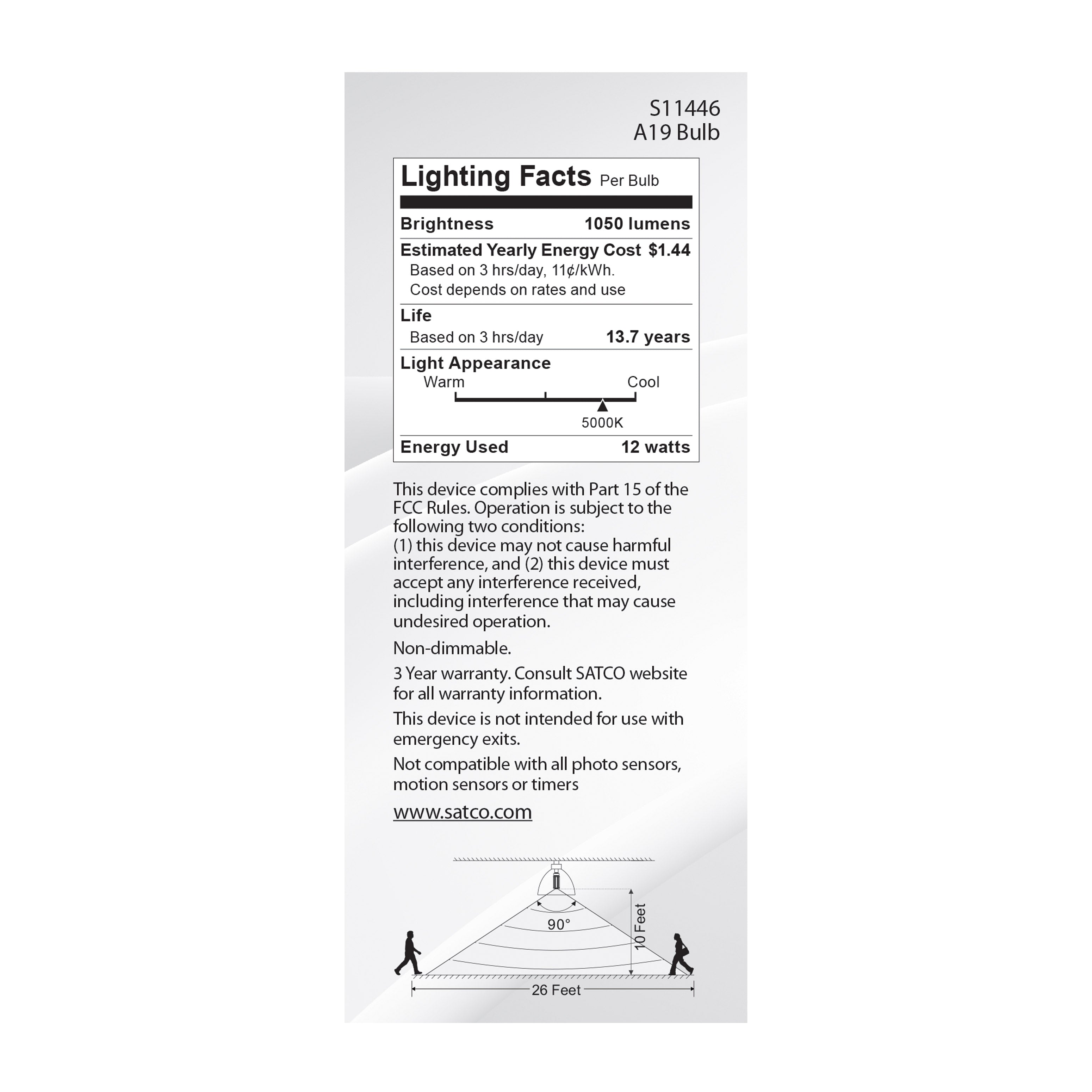 SATCO Satco S11446 Non-Dimmable Type A Lamp A19 Shape 12 W E26 Medium Base 20401357