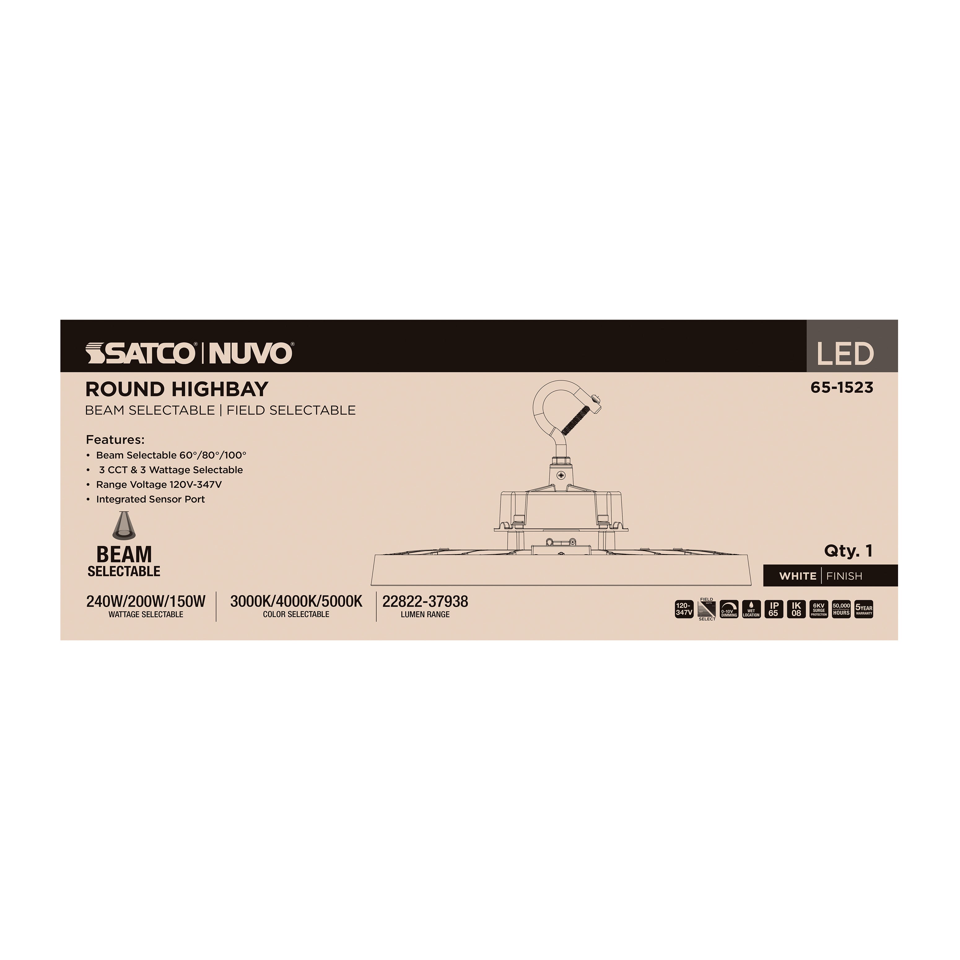 SATCO Satco 65-1523 LED selectable high bay 240/200/150 wattage selectable 60/80/100 beam angle selectable