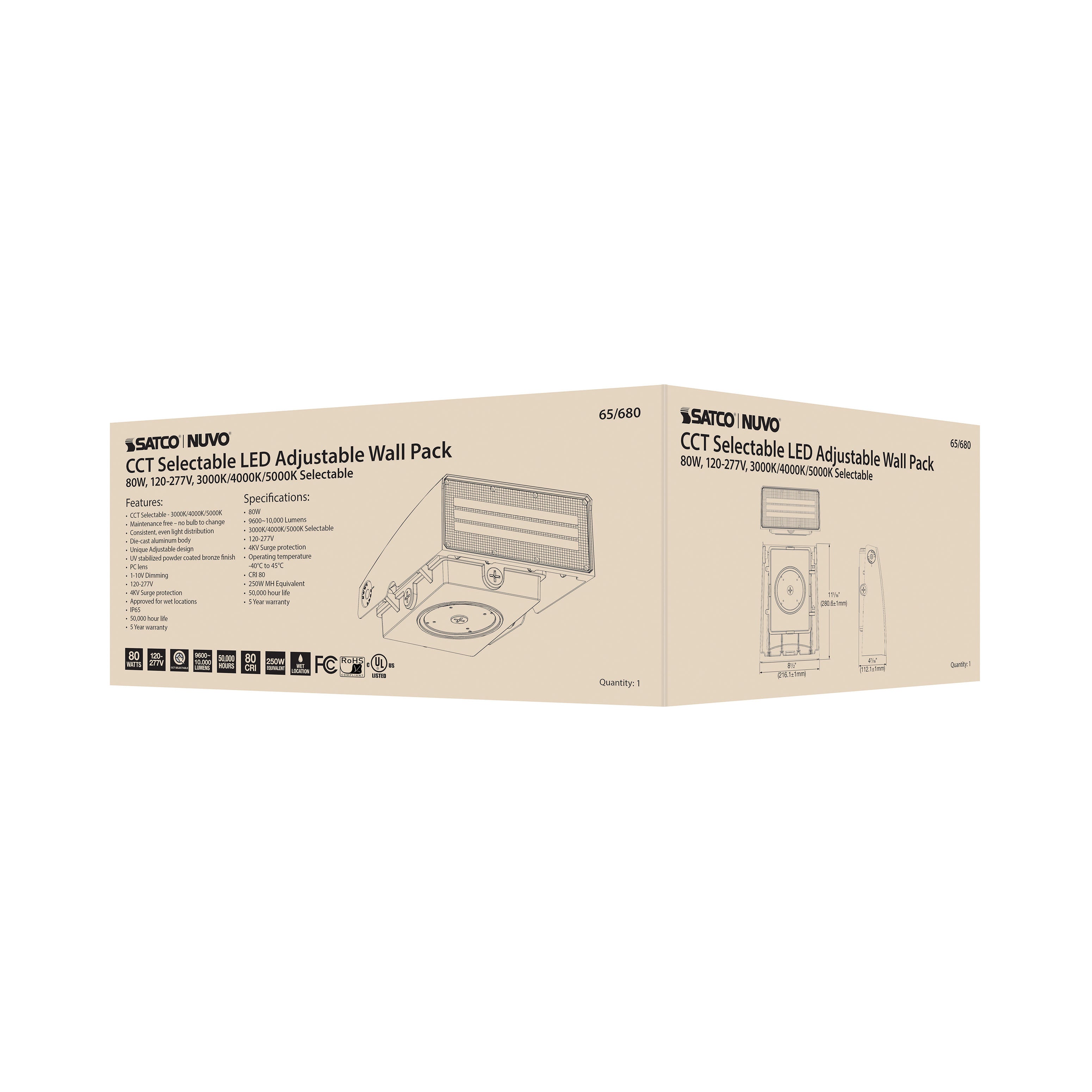 SATCO Satco 65-680 80 watt adjustable led wall pack cct selectable 9600-10k lumens dlc premium