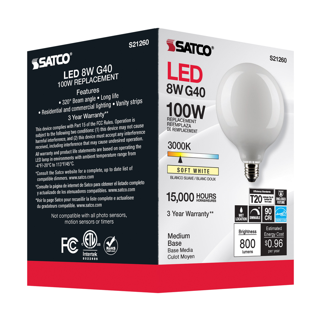 SATCO Satco S21260 8G40/WH/LED/E26/930/12 8 Watt G40 320 Degree Replaces S9964