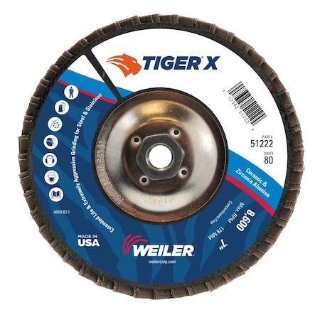 WEILER Weiler 51222 Tiger X Coated Abrasive Flap Disc 7 in Angled