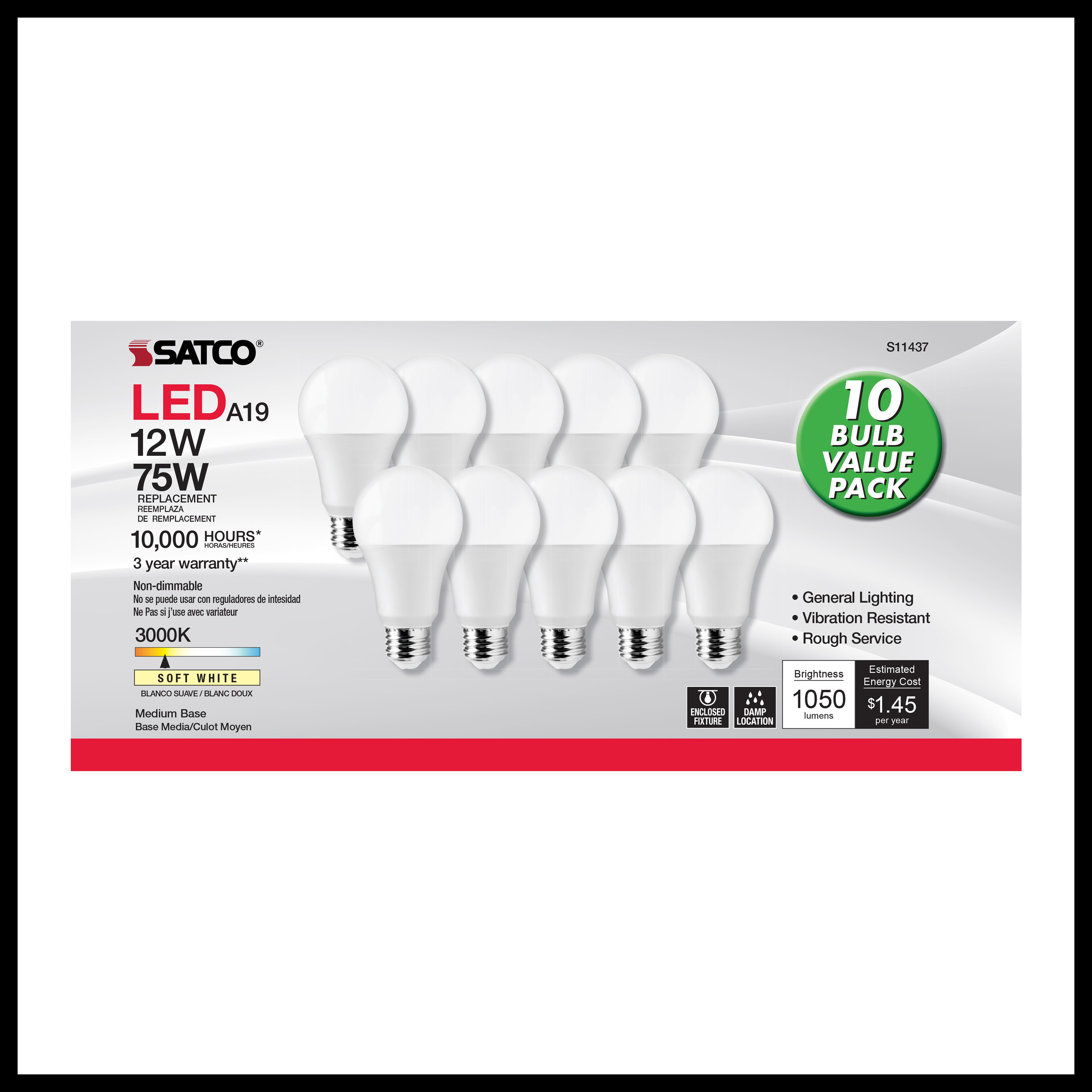 SATCO-NUVO Satco-nuvo S11437 Led A19 Bulb 12W 3000K 75W Replacement 10-pack